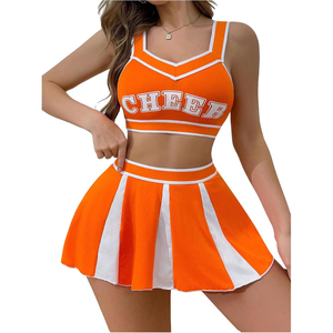 Nouvel ensemble d'uniformes de cheerleading OEM orange et blanc, style jupe imprimée CHEER pour adolescentes, en Spandex/Polyester, tenue d'entraînement en stock - Product Image 6