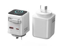 Adaptateur de chargeur mural rapide GaN TFT AI portable 70W avec écran TFT, USB Type C PD3.0 PPS 2C1A, prise US EU UK, avec câble rétractable