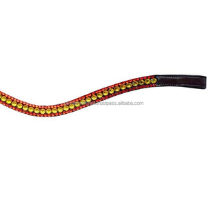 <b>Top</b> Quality Equestrian Products handmade Curved Shape Leather horse brow band with 3 row crystals rhinestones and pearls <b>chain</b> - Product Image 1