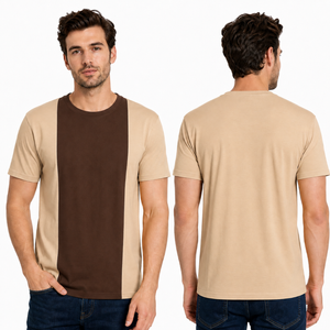 เสื้อยืดคอกลมแขนสั้นสีเบจ-น้ำตาลสำหรับผู้ชาย ทรงปกติ ดีไซน์เรียบง่าย สวมใส่สบาย มีความต้องการสูง - Product Image 1
