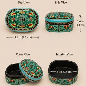Boîte à bijoux artisanale indienne en papier mâché de Kashmir, couleur turquoise aqua, avec bouquet de roses, peinte à la main, de qualité supérieure - Product Image 2