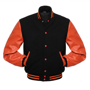 Veste varsity noire pour homme avec manches en cuir PU orange, col montant, vêtement décontracté pour l'automne - Product Image 1