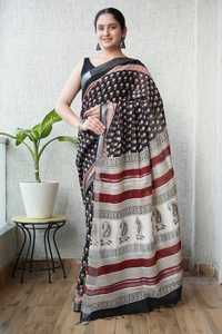 Vêtements ethniques indiens traditionnels en coton et lin pour femmes, sarees avec bordure jacquard et sarees imprimées numériquement, grossiste en sarees - Product Image 6