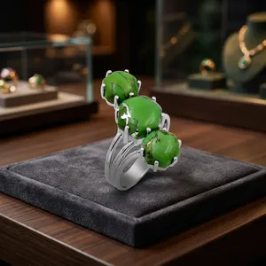 Bagues Gourik vert turquoise à trois pierres en argent 925, pierres précieuses naturelles, sertissage à griffes, bijoux cadeau, style bohème, pour usage quotidien - Product Image 5