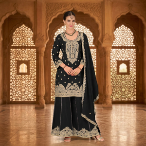 Salwar Kameez Noir Brodé pour Femme, Tenue Traditionnelle Indienne et Pakistanaise pour Mariage, Longueur au Sol, Coupe Classique - Product Image 1