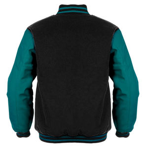 Unisex Premium Wool College Bomber <b>Jacket</b> Wholesale Varsity Letterman Hooded Front Stand Black Wool Body Sky Blue - Product Image 5
