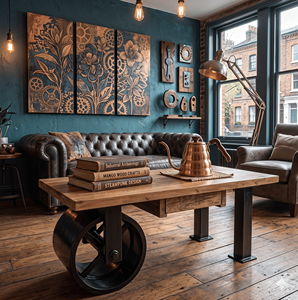 Industrial Mango Wood Iron Eco-Friendly Blue Ocean Coffee <b>Table</b> Large <b>Wheel</b> Modern Sofa Center <b>Table</b> Set Living Room Furniture - Product Image 1