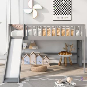 Letto a soppalco a basso profilo per bambini con scaletta e scivolo, colore grigio - Product Image 3