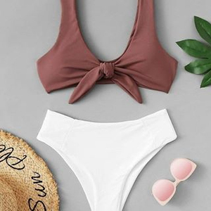 Women's Halter Neckline Contrast Binding 2-Piece Bikini Set <b>V</b>-<b>String</b> Bottoms Micro Bra Spandex/Polyester Quick Dry Breathable - Product Image 2