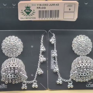 Pendientes Jhumka de Plata Oxidada India, con Diseño de Flor Redonda y Campana, Cadena para el Cabello, Cuentas Ghungroo, Conjunto de Joyería al por Mayor - Product Image 1