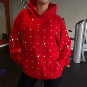 Vintage Winter <b>Red</b> Rhinestone Hooded <b>Sweatshirt</b> Oversized Fleece Unisex Winter Pullover Regular Fit - Product Image 3