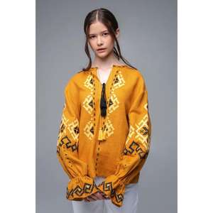 Blusa Étnica de Lino Bordada en Amarillo Mostaza para Mujer, con Cuello de Borlas y Lazos - Product Image 1