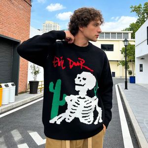 Pull tricoté noir pour homme OEM 2026 avec imprimé squelette blanc et cactus vert, logo frontal, style hiver à manches classiques - Product Image 2