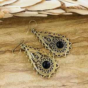 Statement Design Trendy Teardrop Dangle <b>Earrings</b> Boho Brass Jewelry Women Antique Brass Finish Tribal <b>Black</b> <b>Onyx</b> Wholesale/OEM - Product Image 2