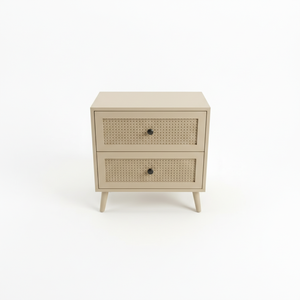 Table d'appoint moderne et écologique à 2 tiroirs, 5+ compartiments, en bois d'hévéa, MDF, placage de chêne et détails en rotin. Table de rangement pour salon - Product Image 2