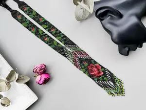 Latest black Beaded <b>Boho</b> tender red rose beadwork necklace, Ethnic floral beaded gerdan, flower necklace for wedding, gift - Product Image 4
