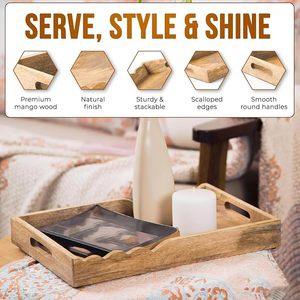 Plateau de service rustique en bois écologique de luxe avec poignées, idéal pour le petit-déjeuner, la table basse, l'ottoman, la cuisine et la maison - Product Image 4