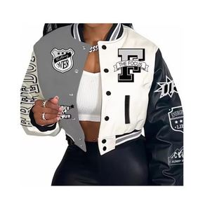 Custom Printed Knitted Breathable Women's Melton Wool Varsity <b>Jacket</b> with <b>Leather</b> Sleeve-Wholesale - Product Image 5