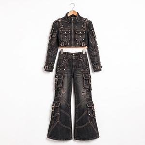 Womens <b>Black</b> Denim Cargo Two Piece Set <b>Cropped</b> Jacket Wide Leg Jeans Gothic Streetwear Fashion Wholesale - Product Image 4