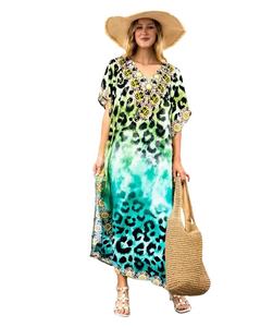 Robes à imprimé tigre pour femmes Robe de plage de vacances décontractée élégante et modeste avec col en V et broderie 1 pièce - Product Image 1