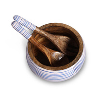Petit bol polyvalent à ficelle bleue unique avec serveurs Bol en bois décoratif avec fourchette et cuillère Bol à fruits pour se divertir