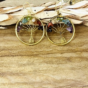 High Quality <b>Tree</b> Of Life Dangle Earrings Boho Brass Jewelry For Women 18k Gold Plated <b>Chakra</b> Gemstone Nature Hoop Wholesale OEM - Product Image 5