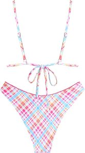 Conjunto de Bikini a Cuadros para Mujer con Tirantes Finos, Escote en V Profundo, Detalle de Lazo, Ribete en Contraste, Braguita Brasileña de Tela Elástica - Product Image 2