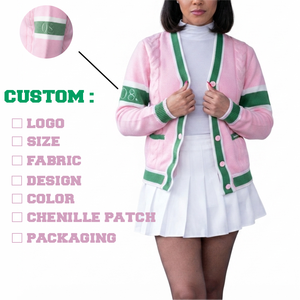Cardigan en tricot respirant style preppy vintage pour femme, motif lettres, vert rose, en coton torsadé, style sororité, vêtements grecs, vente en gros - Product Image 1