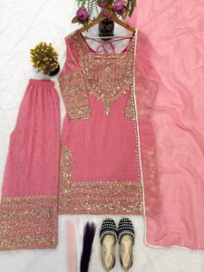 Ramdev Trading Traditional Ethnic Indian Pakistani Women's <b>Kurta</b> / Kurti Top Dupatta Set Heavy Chinnon <b>Silk</b> Modern Party - Product Image 5