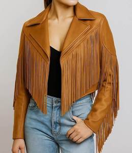 Women's Sheep <b>Leather</b> Motorcycle <b>Jacket</b> with Fringe Design Short Casual Breathable Winter Outerwear - Product Image 3