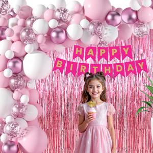 Kit de décoration d'anniversaire rose |   45 pièces de ballons à thème rose, rideaux en feuille d'aluminium et décoration de gâteau |   Décorations de fête d'anniversaire pour enfants et femmes - Product Image 6