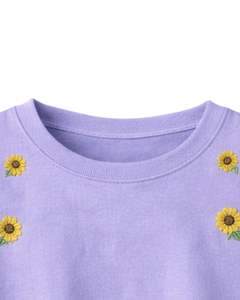 Camiseta Corta de Algodón para Mujer con Bordado de Girasol y Lavanda, Manga Corta, Ajuste Holgado Casual, Moda de Verano, Diseño Floral, Venta al por Mayor - Product Image 3