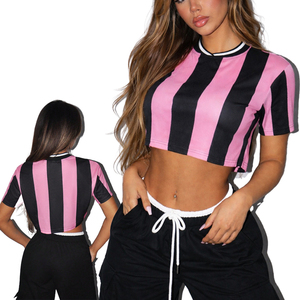 Women's Striped Crop <b>Top</b> Pink and Black Casual Streetwear Graphic Tee Soft Cotton Fabric Custom Logo women's shirt - Product Image 5