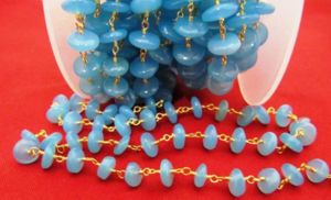 Natural Aqua Blue Chalcedony Smooth German Cut Rondelle Wire Wrapped Beaded <b>Rosary</b> Chain - Product Image 2