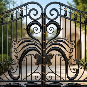 Black Wrought Iron Double <b>Swing</b> Gate Gold Accent Ornamental Scrollwork Villa Driveway Security Entrance Gate - Product Image 3