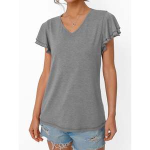 2025 <b>Women's</b> 2025 Summer Fashion Basic Ruffle Blouse <b>V</b>-<b>Neck</b> <b>T</b>-<b>Shirt</b> in XS Soft Short Sleeves Dressy Casual for Spring Clothes - Product Image 2