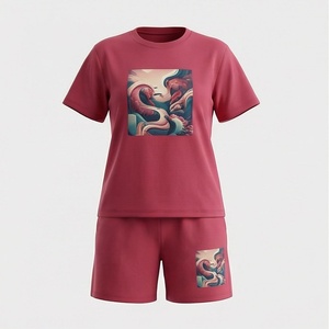 Conjunto de 2 Piezas para Mujer, Camiseta de Manga Corta y Pantalones Cortos Rojos con Estampado de Pulpo, Cuello Redondo, Ropa Casual de Primavera/Verano, Tejido de Algodón - Product Image 1