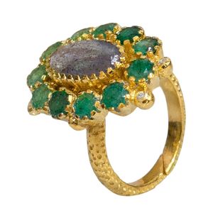 Gemvanity SR1479 Gold Plated Christian Luxury Classic Channel Setting Brilliant Cut <b>Labradorite</b>, Emerald, and White Topaz <b>Ring</b> - Product Image 1