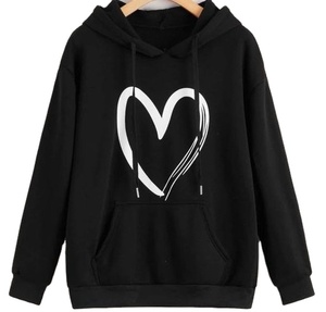 Sweat-shirt à capuche noir pour femme avec imprimé cœur blanc, manches longues, en coton tricoté, décontracté, hiver, logo frontal - Product Image 1