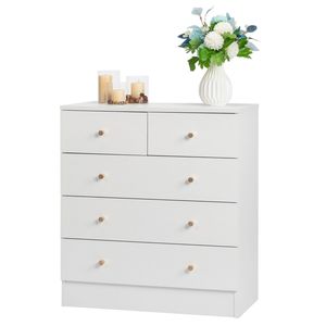 Comò Moderno Semplice a 5 Cassetti in Legno Massello di Quercia con MDF Bianco per Appartamento, Soggiorno, Camera da Letto, con Funzionalità di Stoccaggio e Dettagli in Acciaio Metallico - Product Image 3