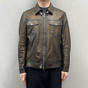 Veste en cuir marron pour homme, col rabattu, fermeture éclair, style motard, couleur unie, manches classiques, vêtement d'automne - Product Image 1