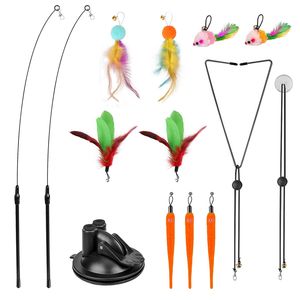 ของเล่นไม้ล่อแมวแบบอินเทอร์แอคทีฟ 2 ชิ้น พร้อมหัวเปลี่ยน 9 ชิ้น กระดิ่งดึงดูดแมว ที่ยึดแบบสุญญากาศสำหรับแมว - Product Image 1