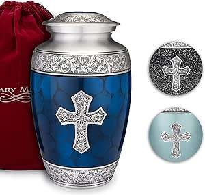 Urna de aluminio azul para cenizas humanas con diseño de cruz cristiana, urna funeraria metálica conmemorativa, tamaño adulto, urna de cremación de aluminio. - Product Image 2