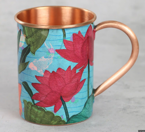 Taza de cobre con diseño floral, base verde, flores rosas y azules, asa pintada a mano, para uso doméstico, ecológica. - Product Image 5