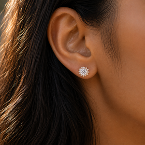 Solitaire Cluster Halo <b>Stud</b> <b>Earrings</b> 14K Gold Cut Lab Grown Diamond Rhodium Plated Floral Bridal DEF Color VVS Clarity <b>Fine</b> - Product Image 3