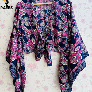 New Arrival Bohemian Silk Wrap Top For Women Flare <b>Bell</b> <b>Sleeve</b> Tie Top Boho Crop Top Tunic <b>Dress</b> With Short Length - Product Image 4