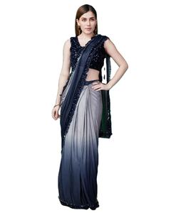 El último Sari de secuencia de bordado de seda satinada de diseñador listo para usar de Fab Zone - Product Image 1