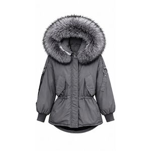 Veste d'hiver courte matelassée décontractée de haute qualité pour femmes, coupe-vent avec grande capuche en vraie fourrure, duvet de canard, polyester, fermeture éclair - Product Image 1