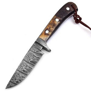 Custom Handmade Hunting Knife with <b>Fire</b> Pattern Damascus Steel Blade and Horn Handle 8-Inch Overall Length with Leather Sheath - Product Image 6