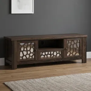 Meuble TV rétro en bois fait main de 60 pouces avec deux portes miroir, un tiroir, design géométrique, style rustique pour salon - Product Image 6